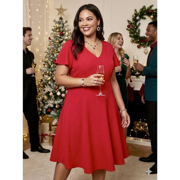 Lane Bryant Women’s Red Flutter Sleeve Midi Dress V-Neck Fit & Flare Holiday 20 - Picture 2 of 12